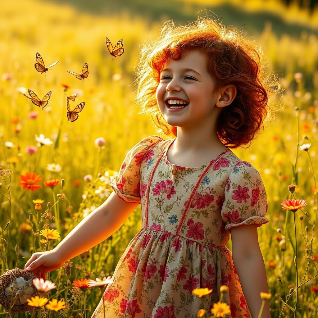 Girl Chasing Butterflies in Sunlit Meadow: Pre-Raphaelite St...