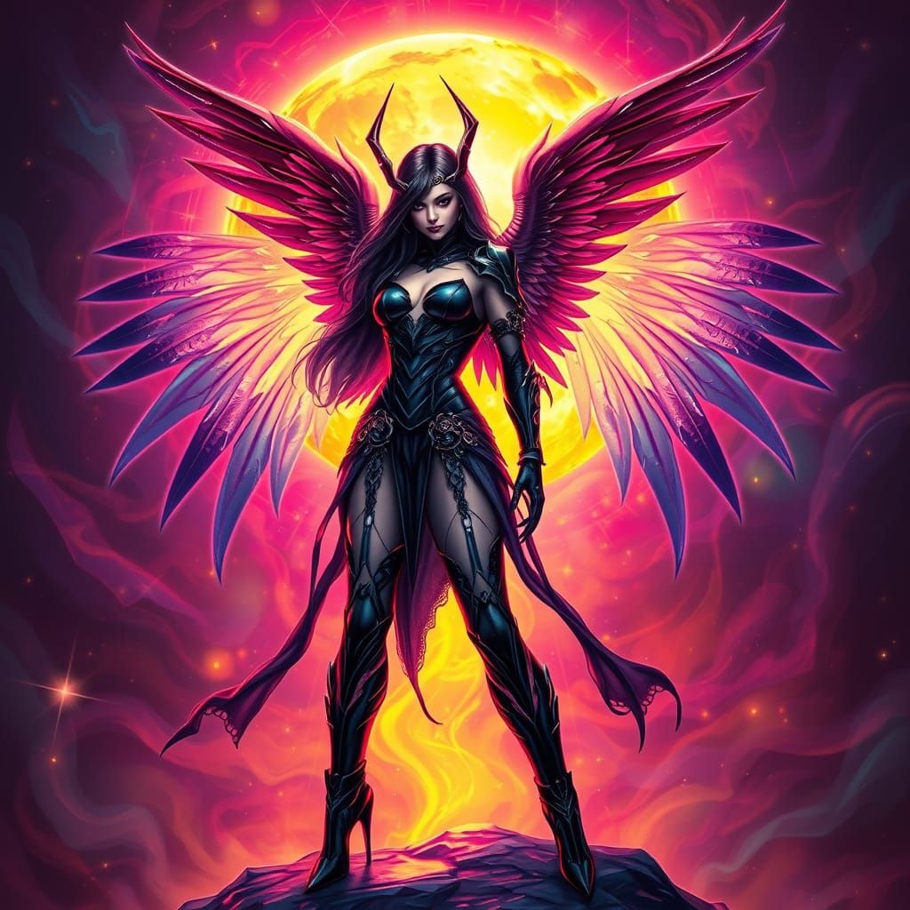 Dark Angel in Luminous World with Neon Accent