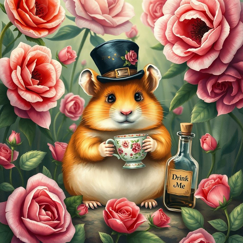 Whimsical Hamster in Wonderland Garden, Fairytale Illustrati...