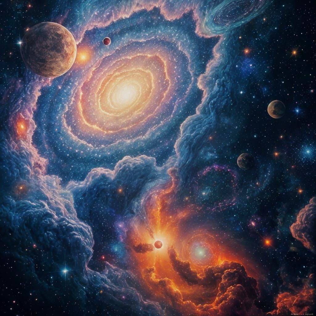 Cosmic Vistas in Vibrant Mixed Media