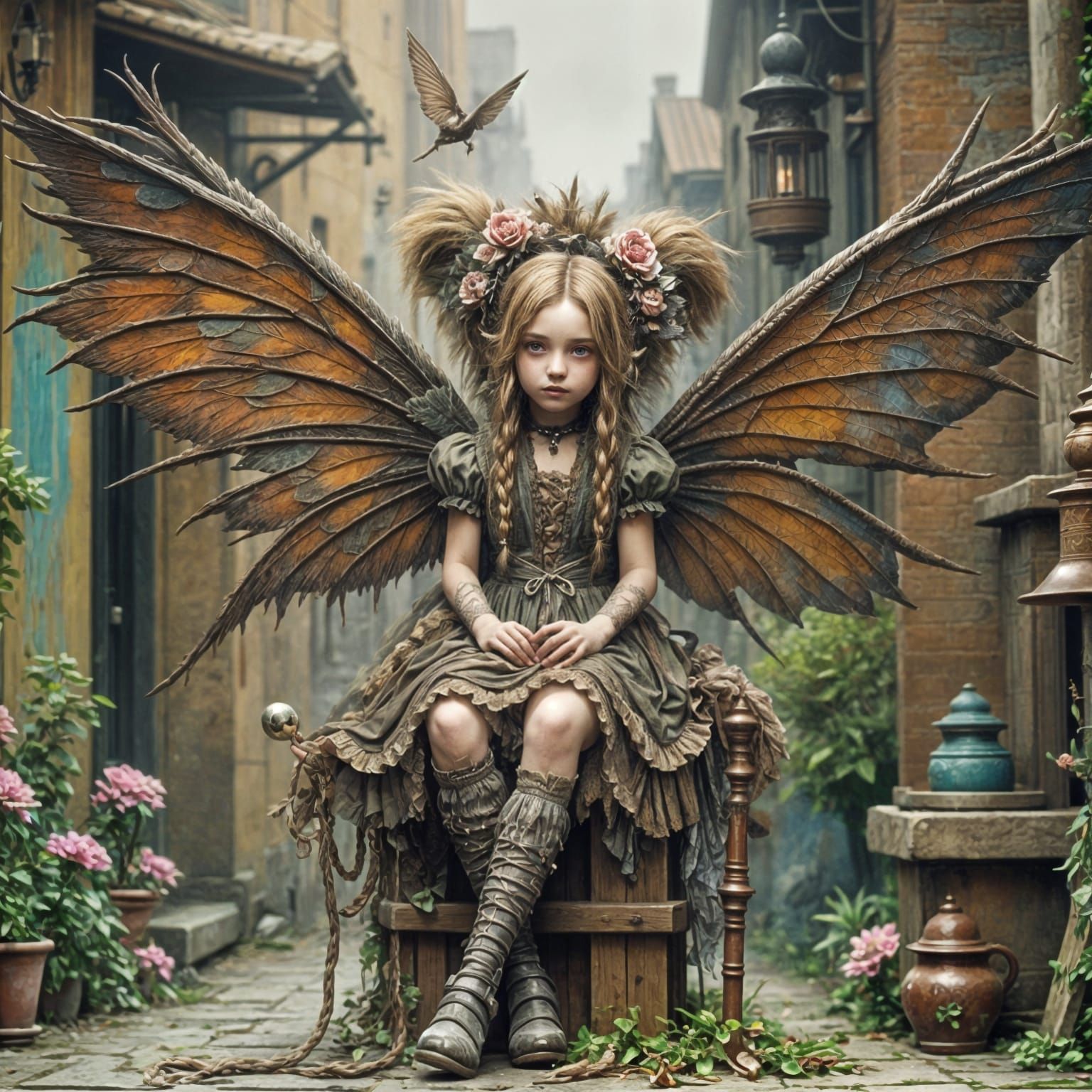 Steampunk Beggar Fairy in Victorian Alley