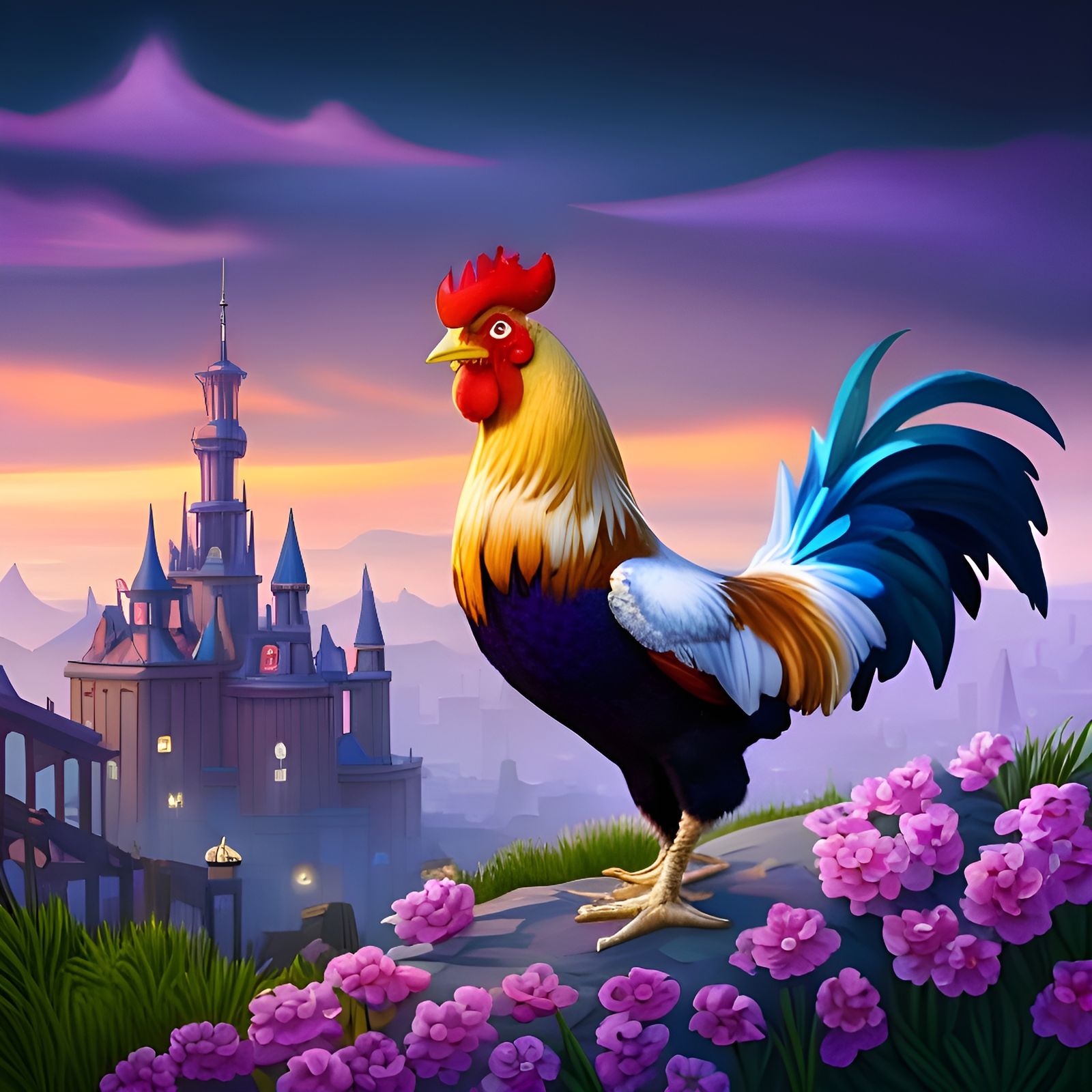 Fantastical Rooster in Fairy Town at Sunrise