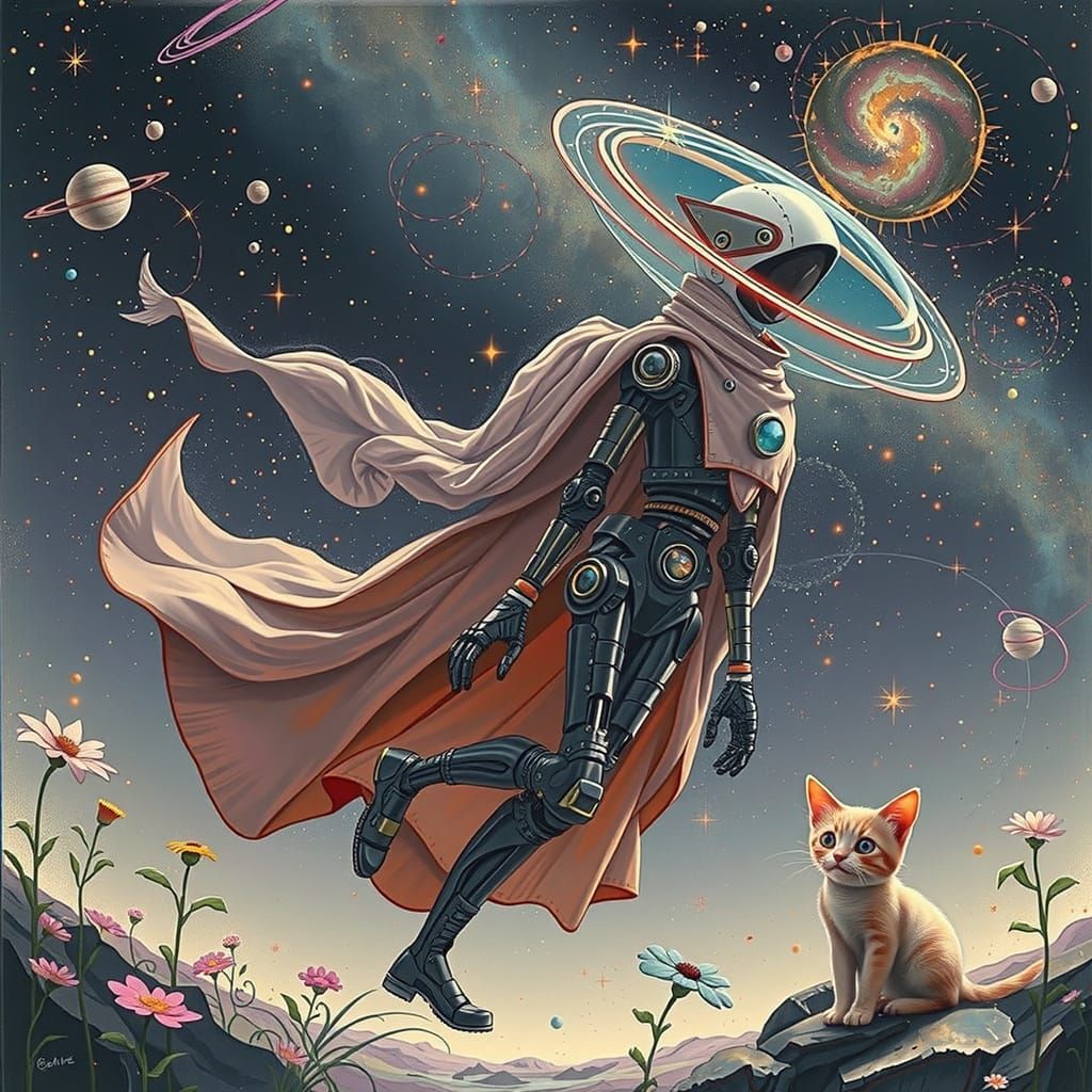 Robot and Cat in Celestial Summer, in Cyberpunk Style