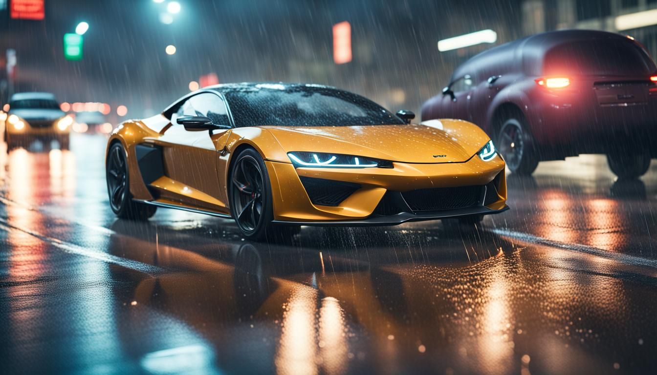 Sports Car Speeds Through Rainy City Night