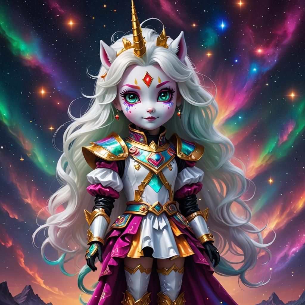 Chibi Harlequin Unicorn Princess in Polychromatic Nebula