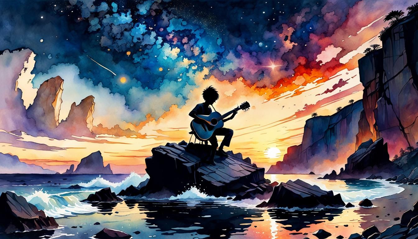 Island Sunset Guitarist: Watercolor Silhouette Art