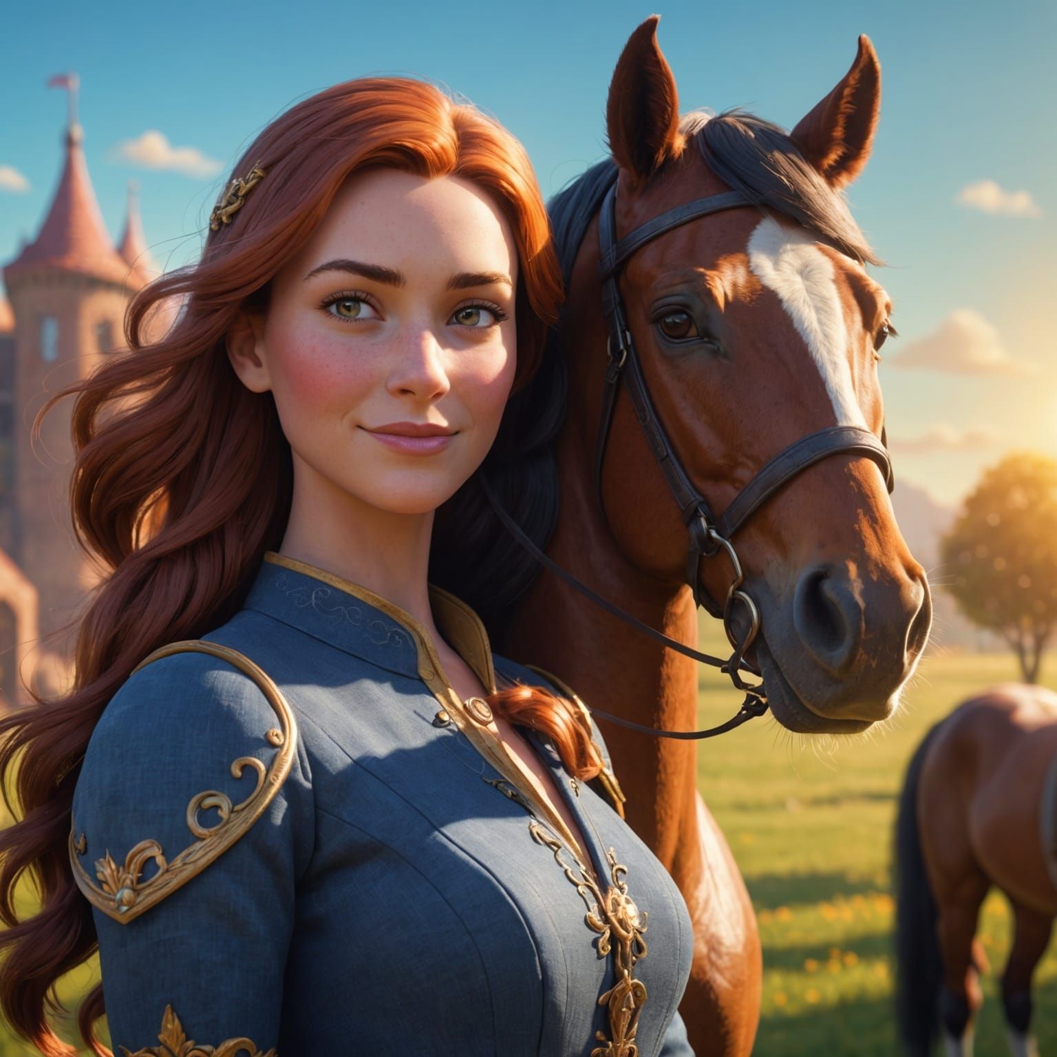 Elegant Woman and Horse in Sunshine: 3D Digital Art