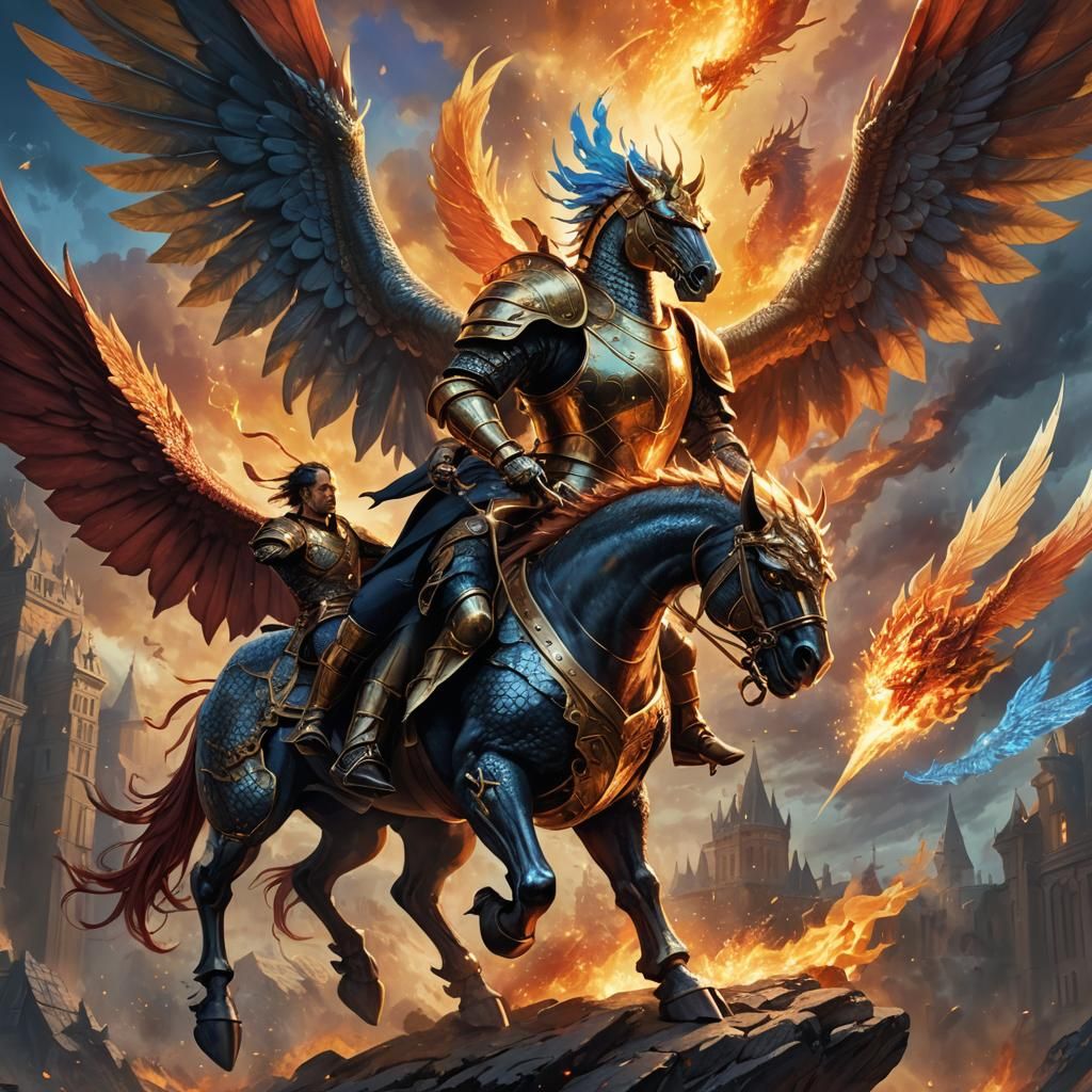 Winged Knight Battles Dragon in Fantasy Art