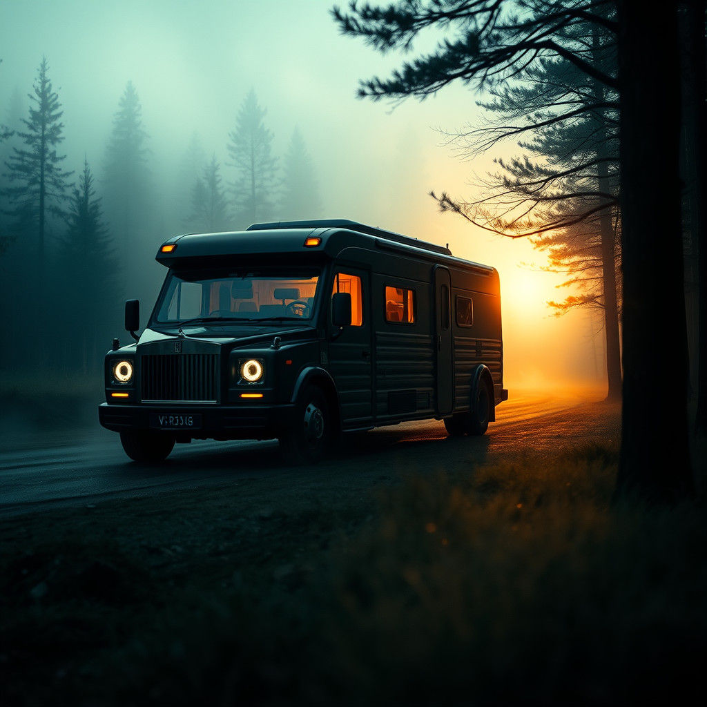 Rolls-Royce Motorhome in Misty Forest, Cinematic Style