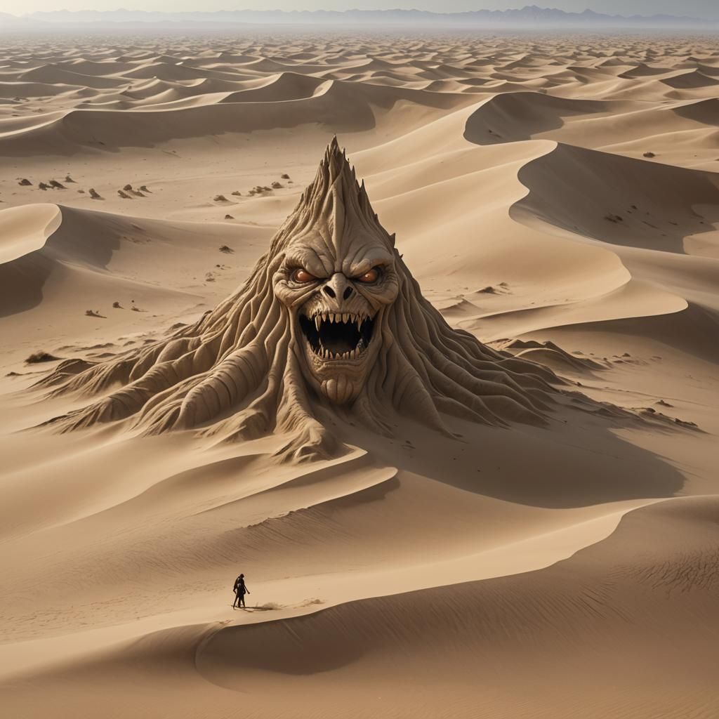 An image of a sand monster that embodies a mix of terror and beauty, thriving in the vastness of the desert. Its form is...