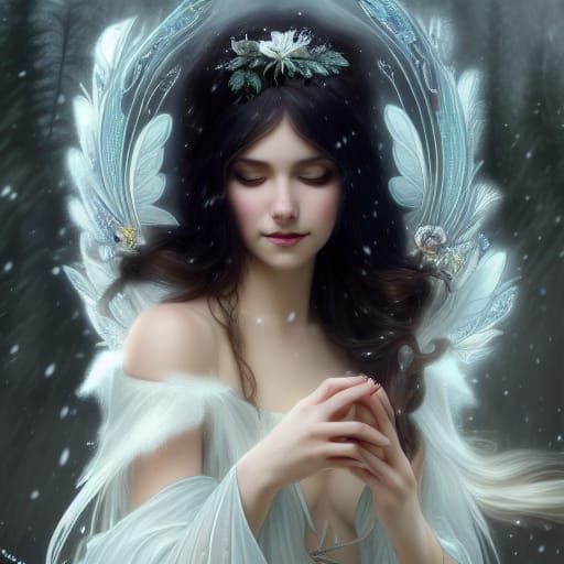 Snow Fairy Dances in Winter Forest: Fantasy Art