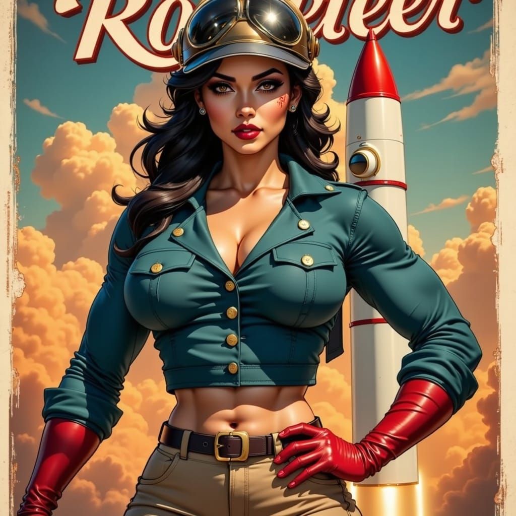Stunning Pin-Up Lady in Retro-Futuristic Rocketeer Uniform