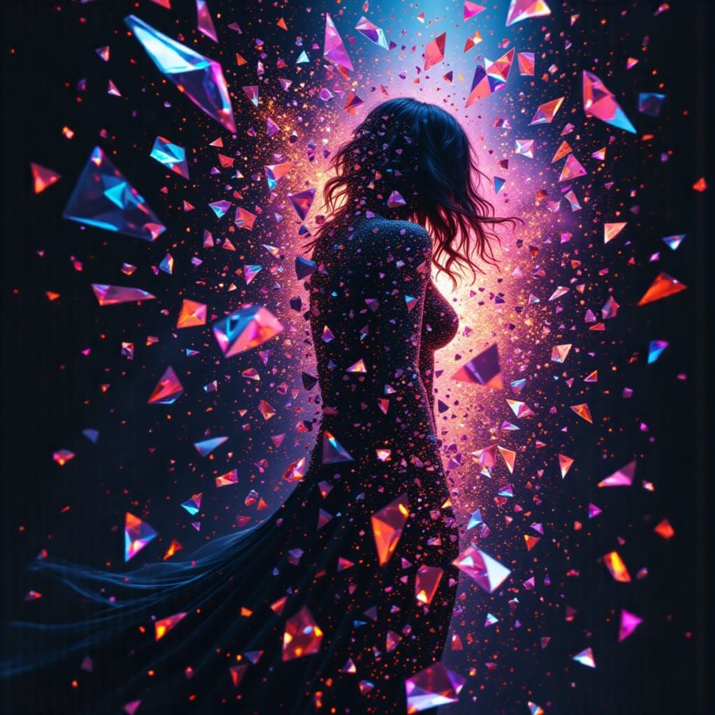 Crystalline Silhouette Dissolving into Digital Shards