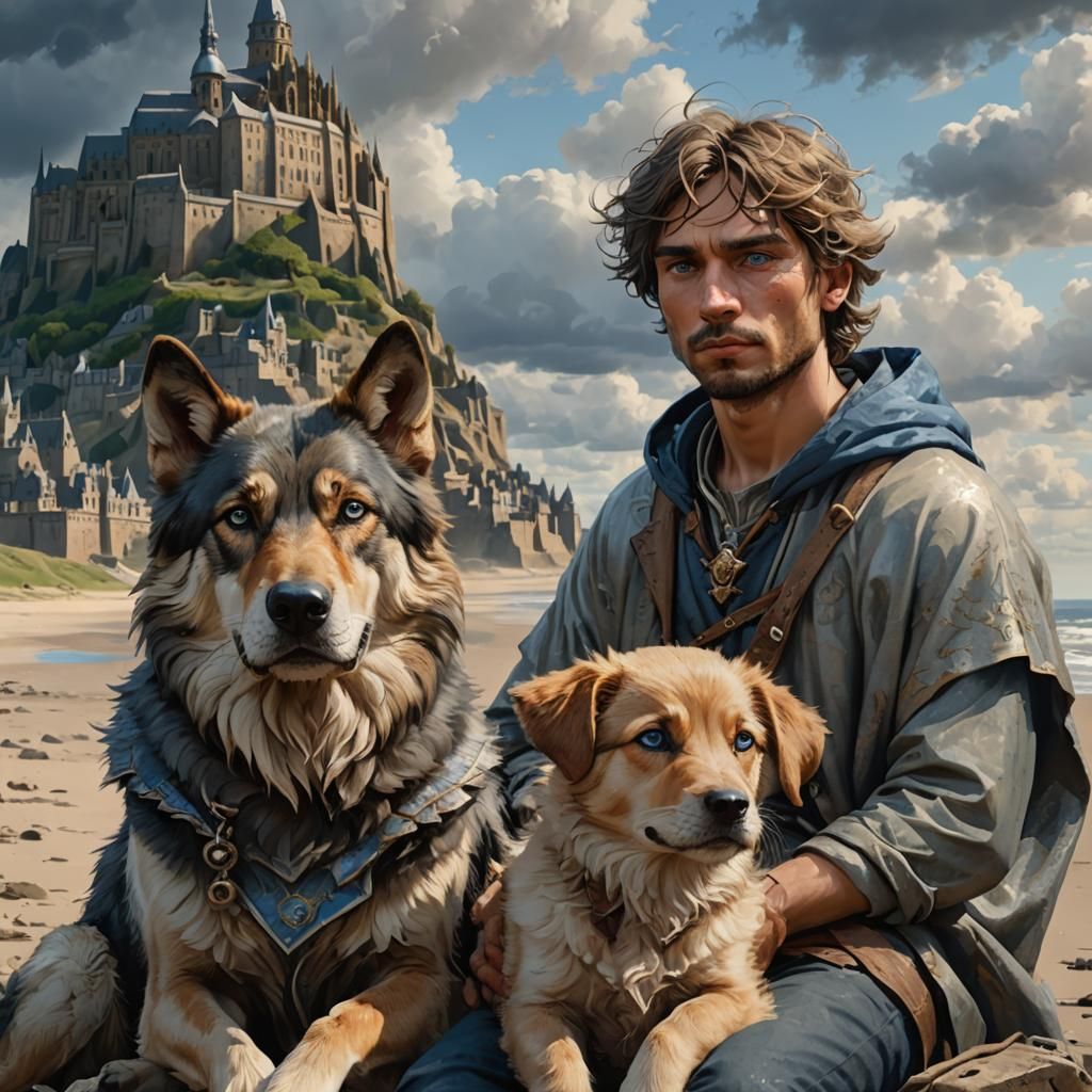 Boy and Dog on Beach in Art Nouveau Style