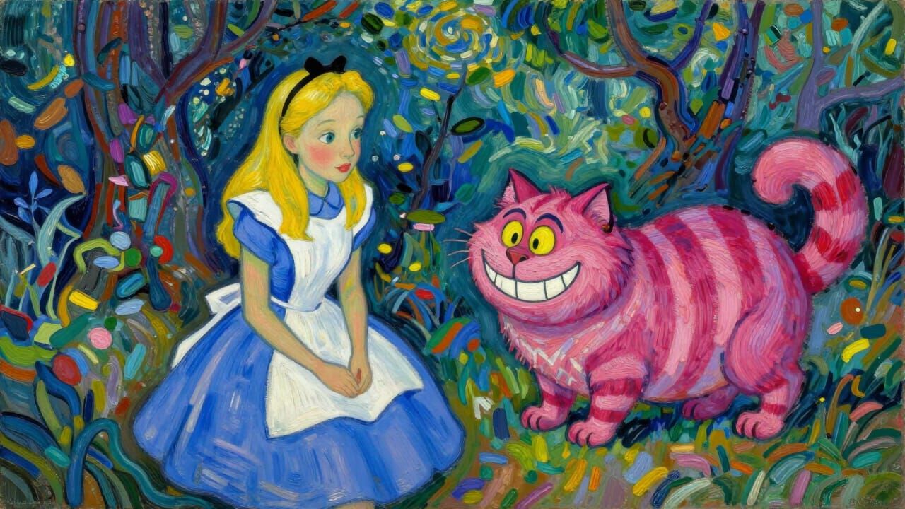Alice and Cheshire Cat in Dreamlike Post-Impressionist Fores...