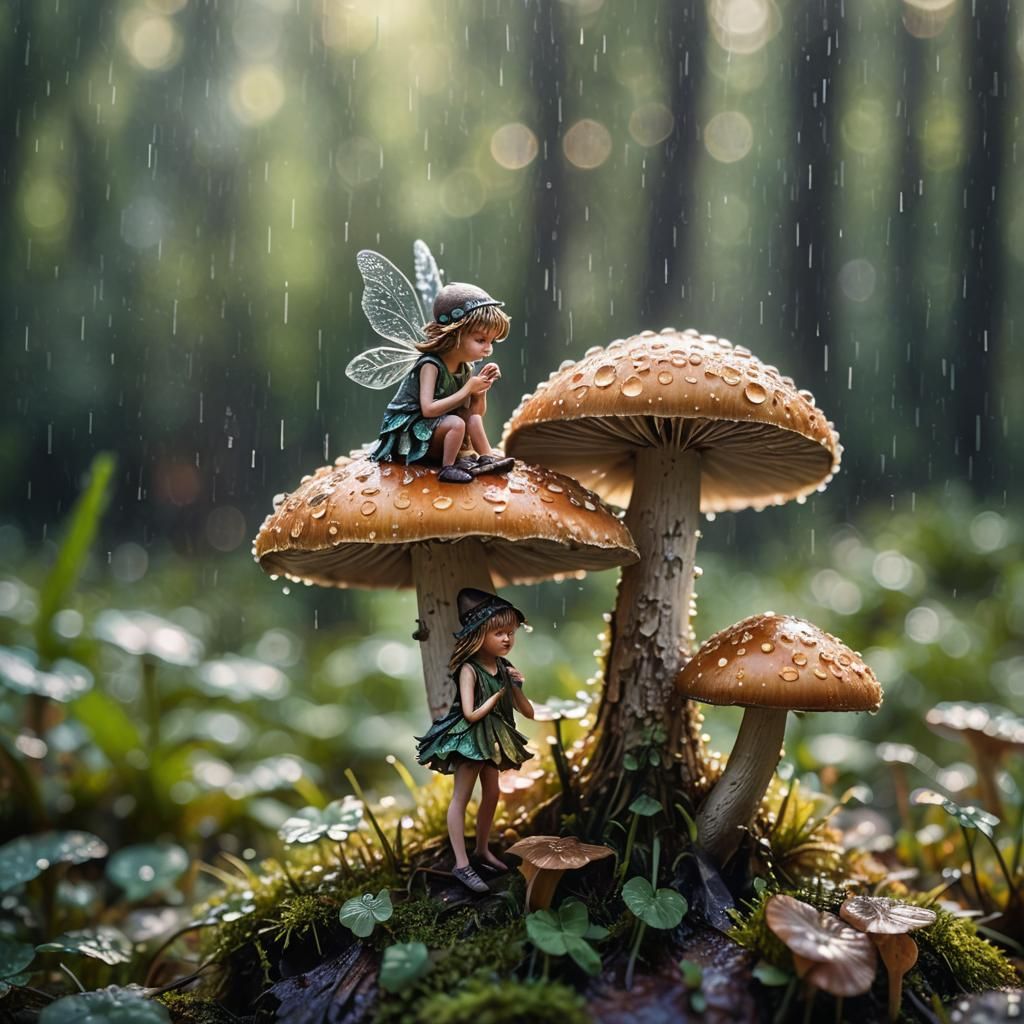 Enchanting Fairies Playing on Mushroom: Macro Photography