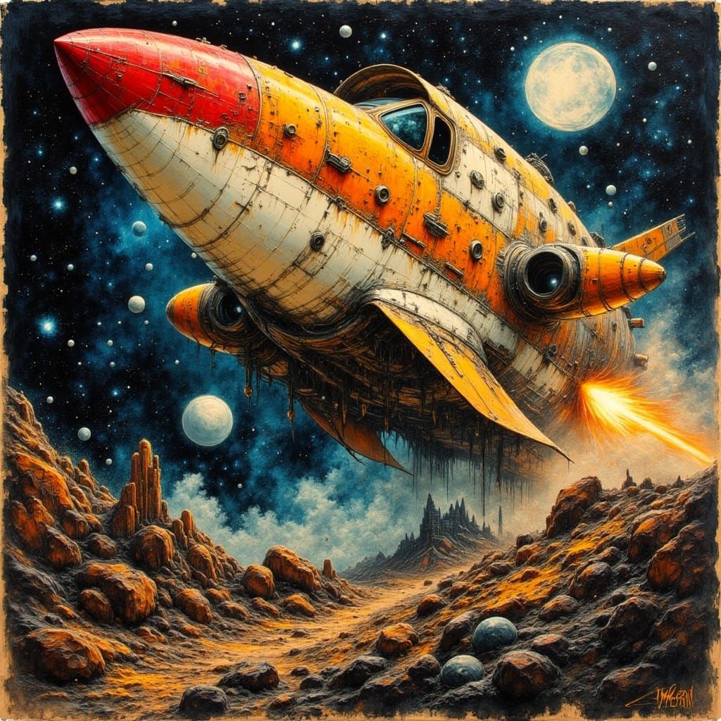 Retro 1950s Rocket Ship in Deep Space