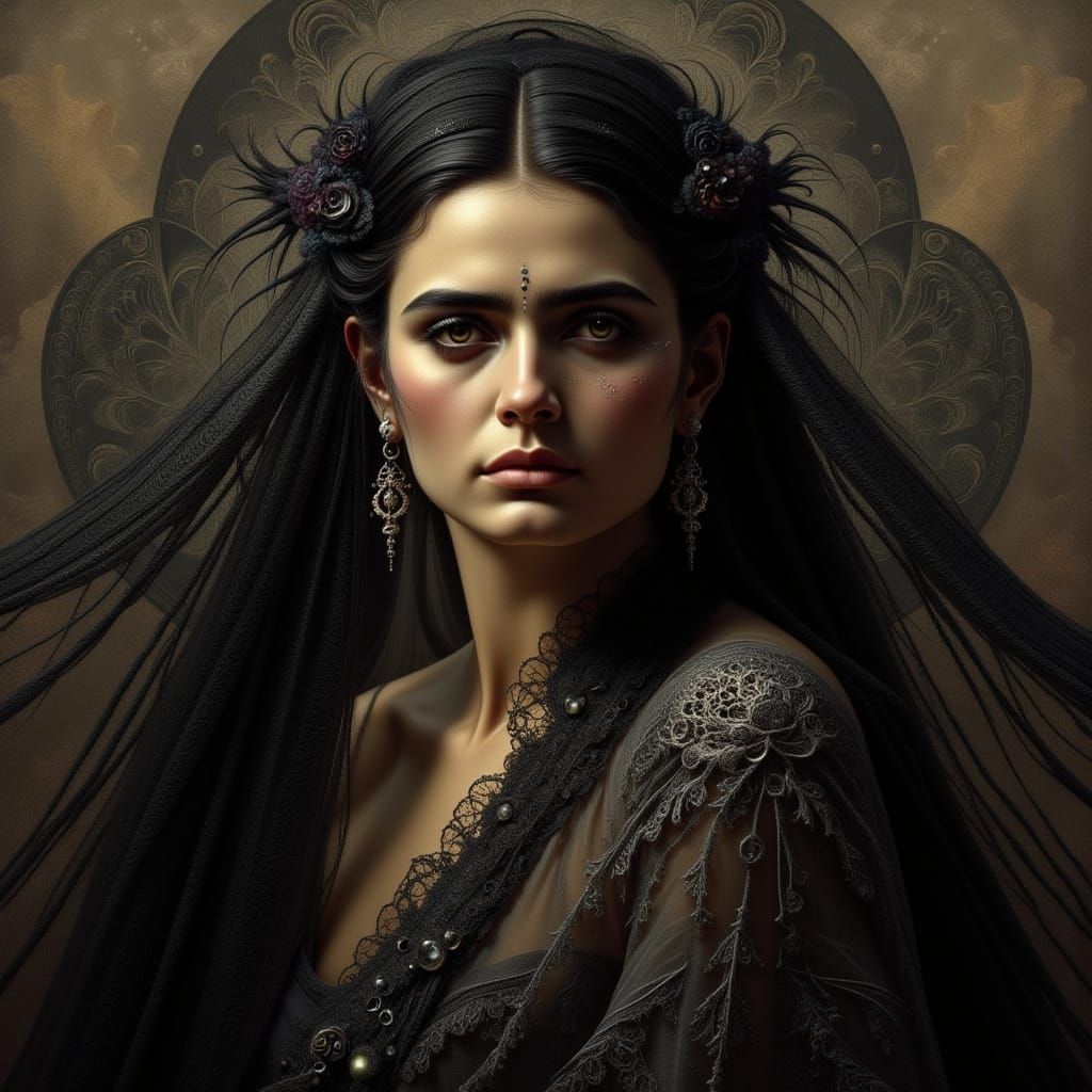 Mourning Latina with Black Lace Veil