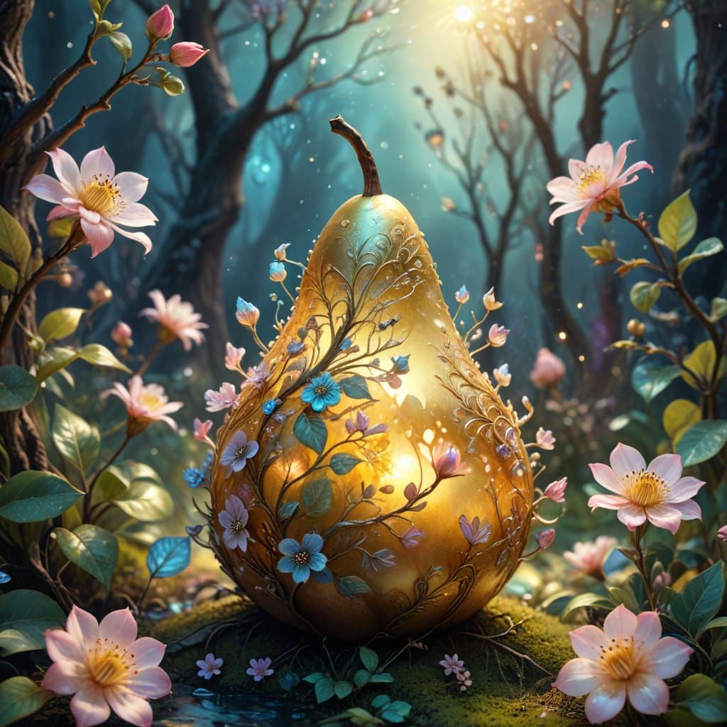 Golden Pear in Whimsical Fantasy Landscape