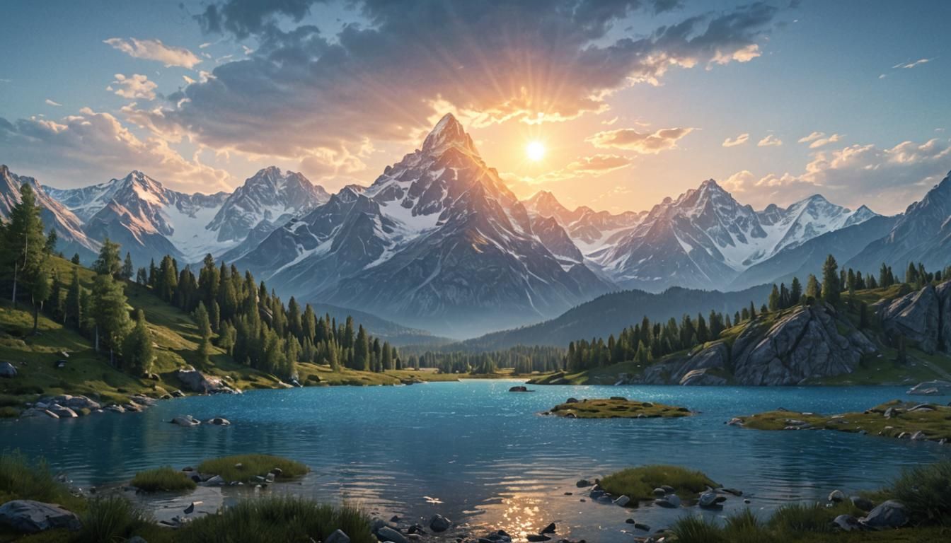Mountain Lake Panorama in Hyperrealistic Style