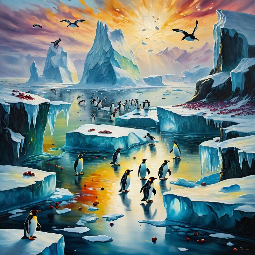 Penguins and Seals in Antarctica as Oil Painting