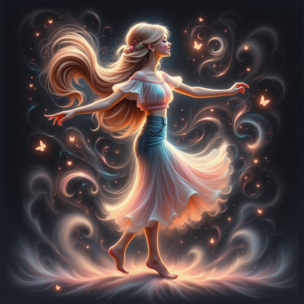 Pastel Drawing of a Dancing Woman with Light Effects