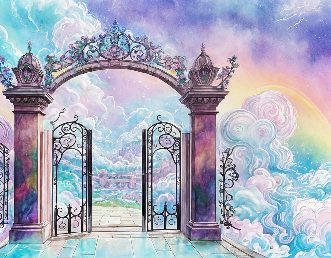 Rainbow Bridge Gate in Art Nouveau Watercolor Style