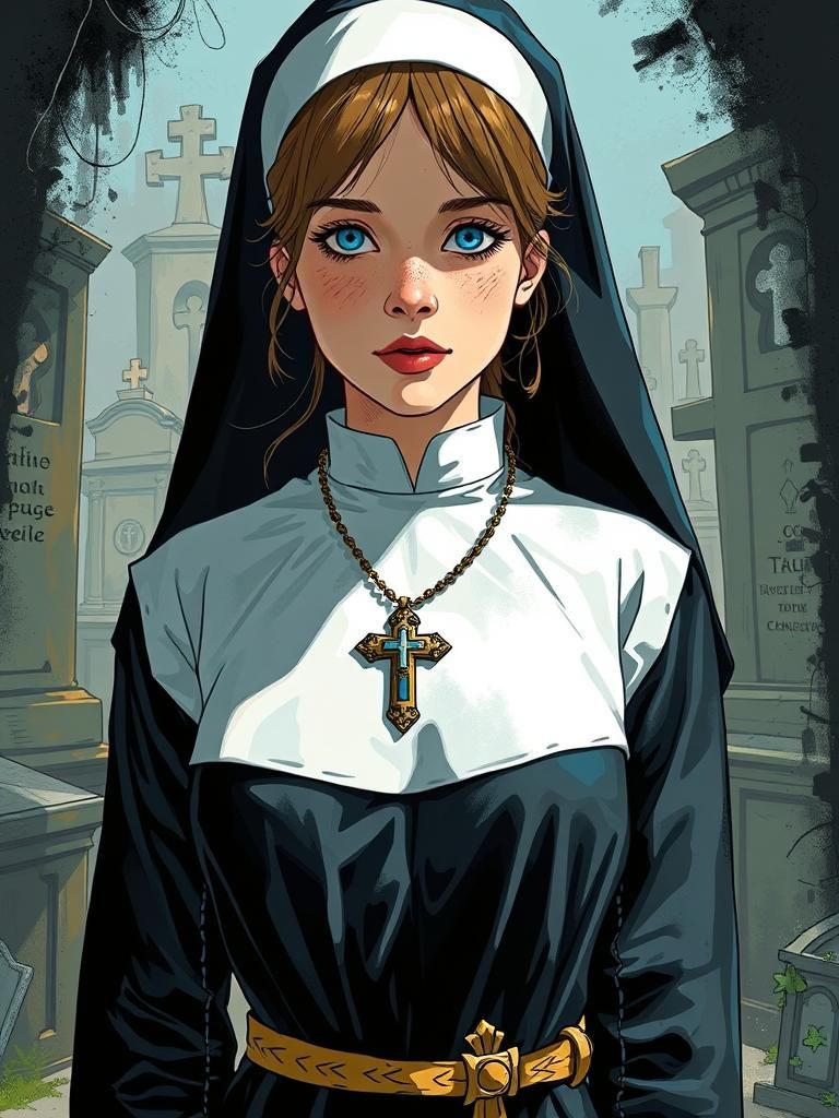 Humorous Nun Portrait in Cartoon Style