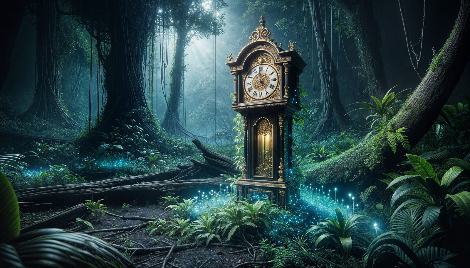 Bioluminescent Victorian Clock in Overgrown Jungle