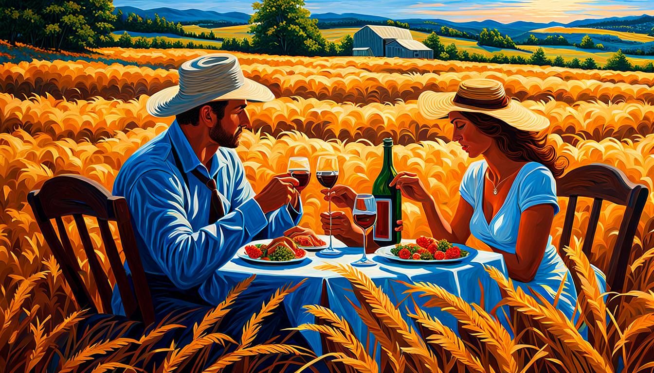 Romantic Dinner in Hay Field: Impasto Painting