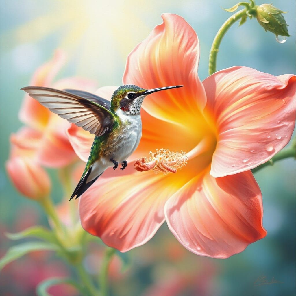 Hummingbird in Dreamlike Airbrush Art Garden