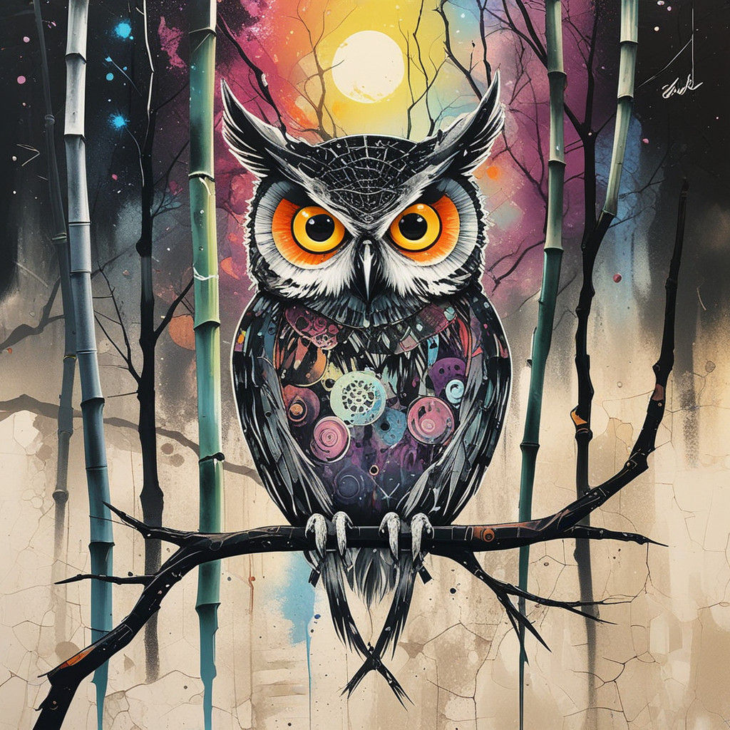 Glowing Owl Amidst Cracked Neural Networks in Neon Cosmic La...