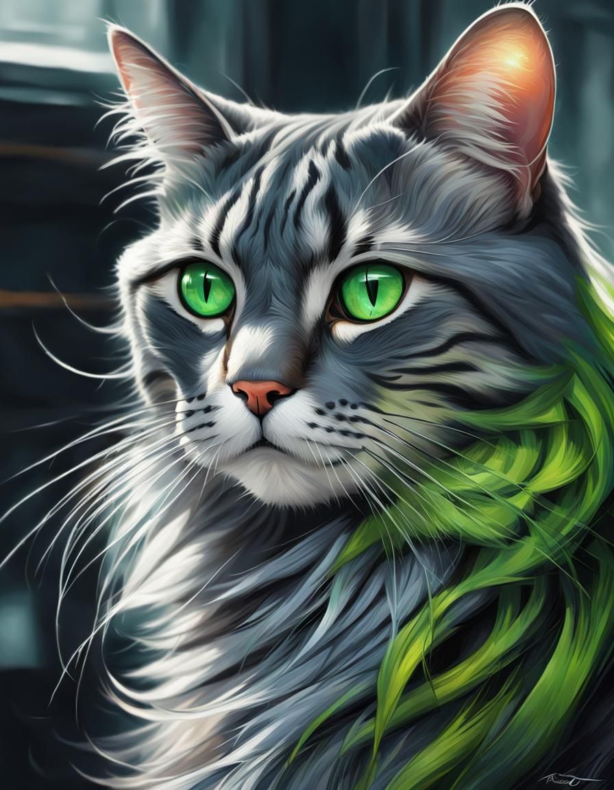 Grey Tabby Cat Portrait in Solarpunk Style