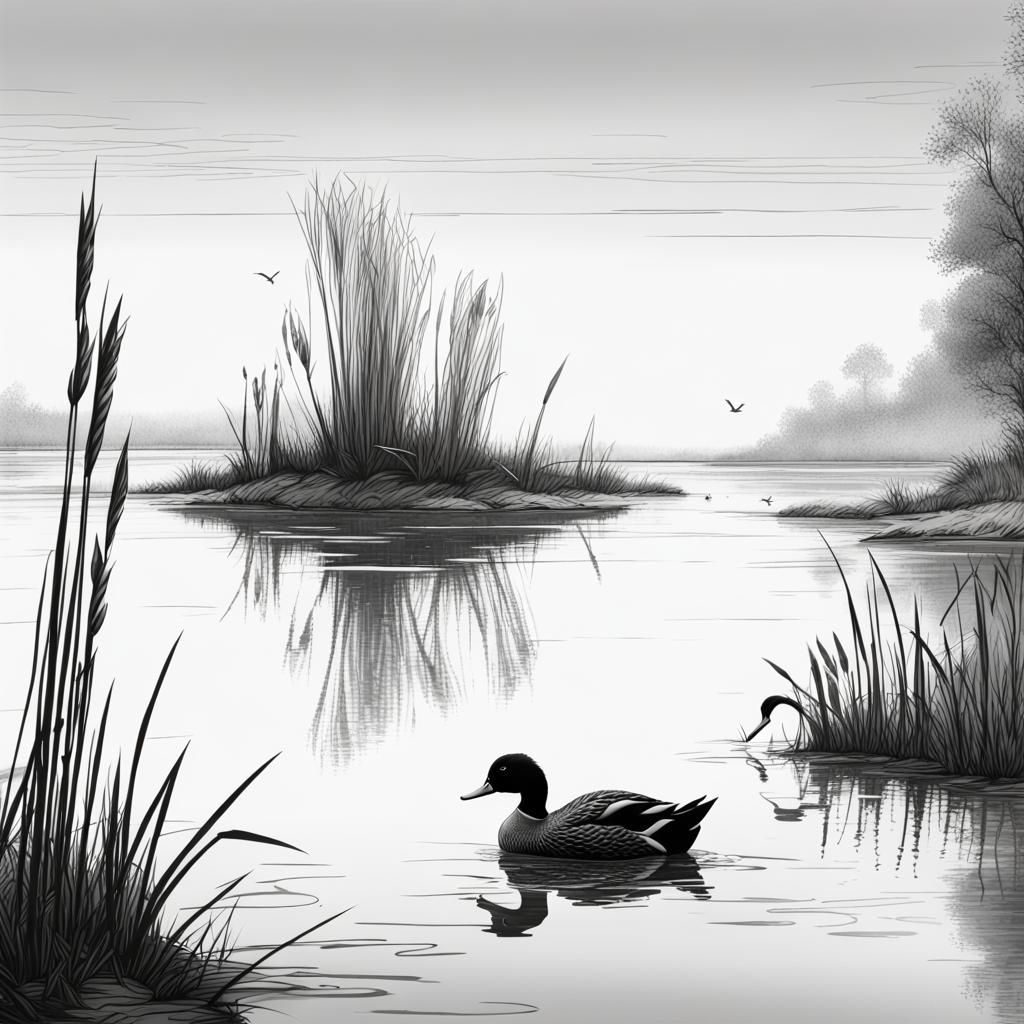 Minimalist Ink Drawing of Reeds and Ducks