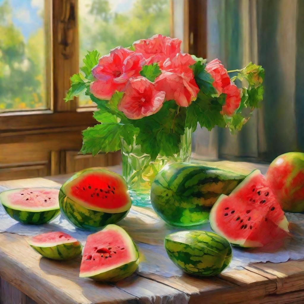 Neo-Impressionist Still Life with Watermelons and Flowers