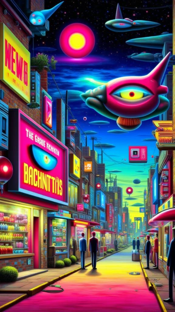 Whimsical Cyberpunk City in Naive Art Style