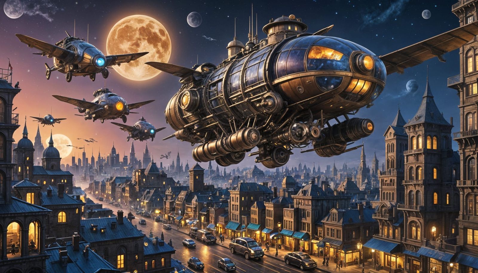 Steampunk City at Night with Flying Vehicles