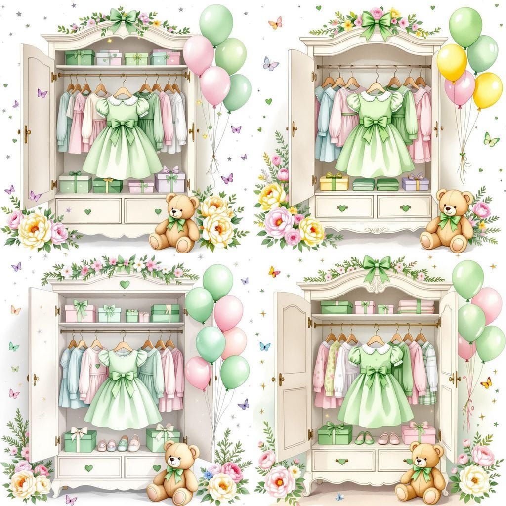 Girls' Green Wardrobe Watercolor Illustration with Flowers a...