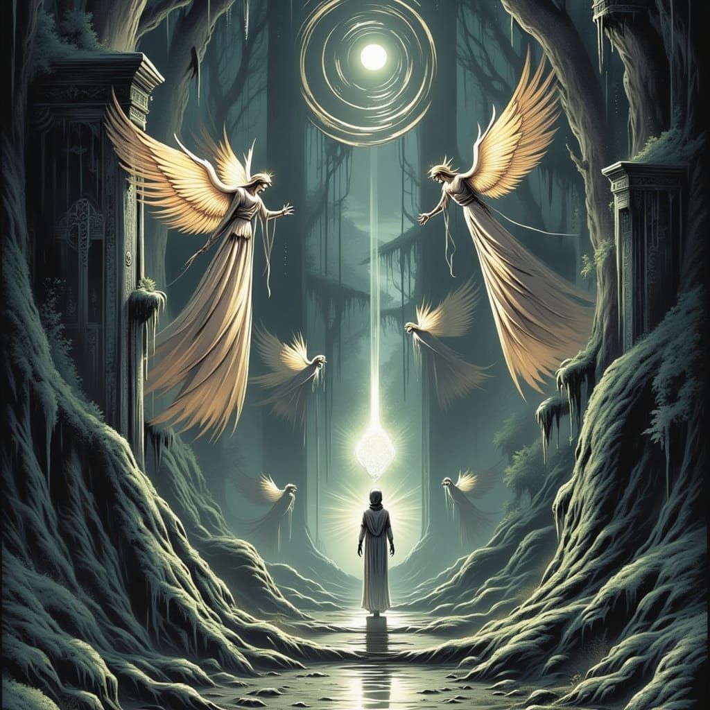 Ethereal Figure Pays Toll to Winged Gatekeepers