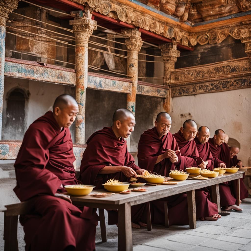 Monks in monastery having noodles sitting around a table  fr...