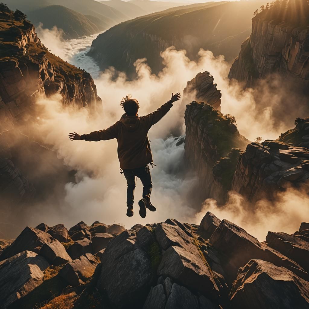 Dramatic Cliff Fall in Golden Hour Light