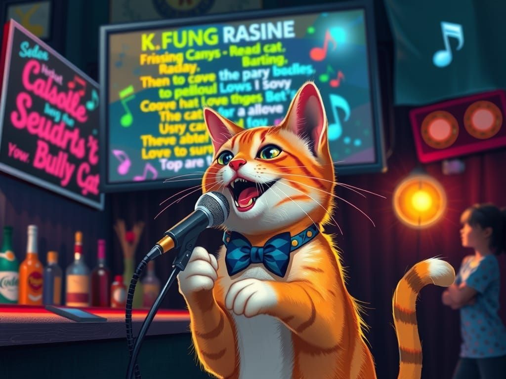 Singing Cat at Karaoke Bar in Digital Painting Style