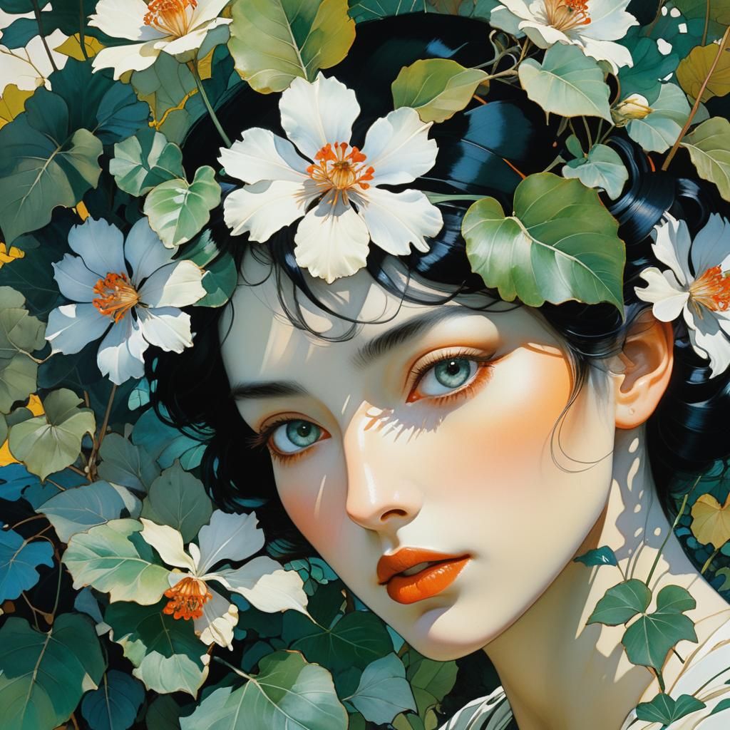 Ethereal Woman's Portrait with Flowers, Highly Detailed