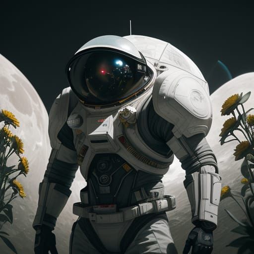 Three Men in Spacesuits Nurture Blooms in a Lunar Geodesic D...