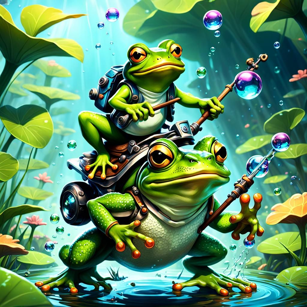 Cartoon Character on Mechanical Frog, Digital Art