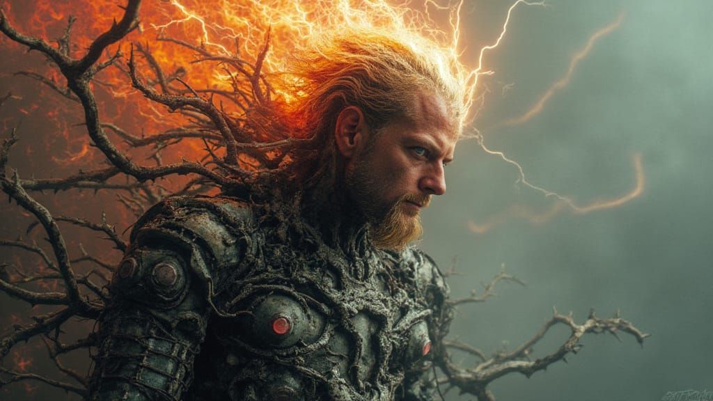 Biomechanical Android Suspended in Thorny Vines