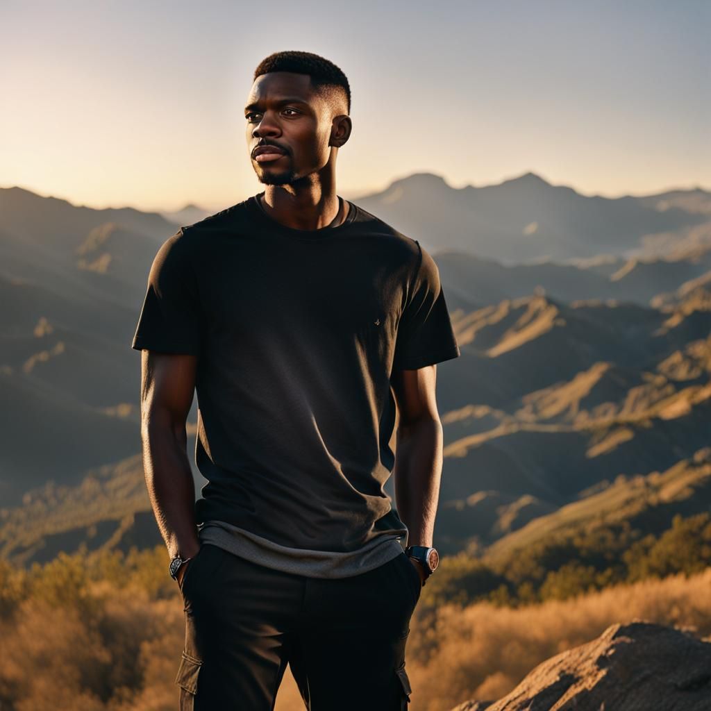 Dramatic Mountain Scene with Man in Golden Hour Light