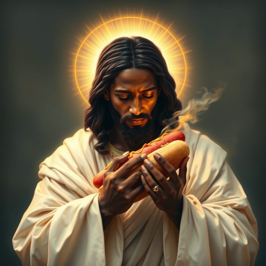 Jesus Tenderly Holds Hotdog in Renaissance-Afrofuturist Styl...