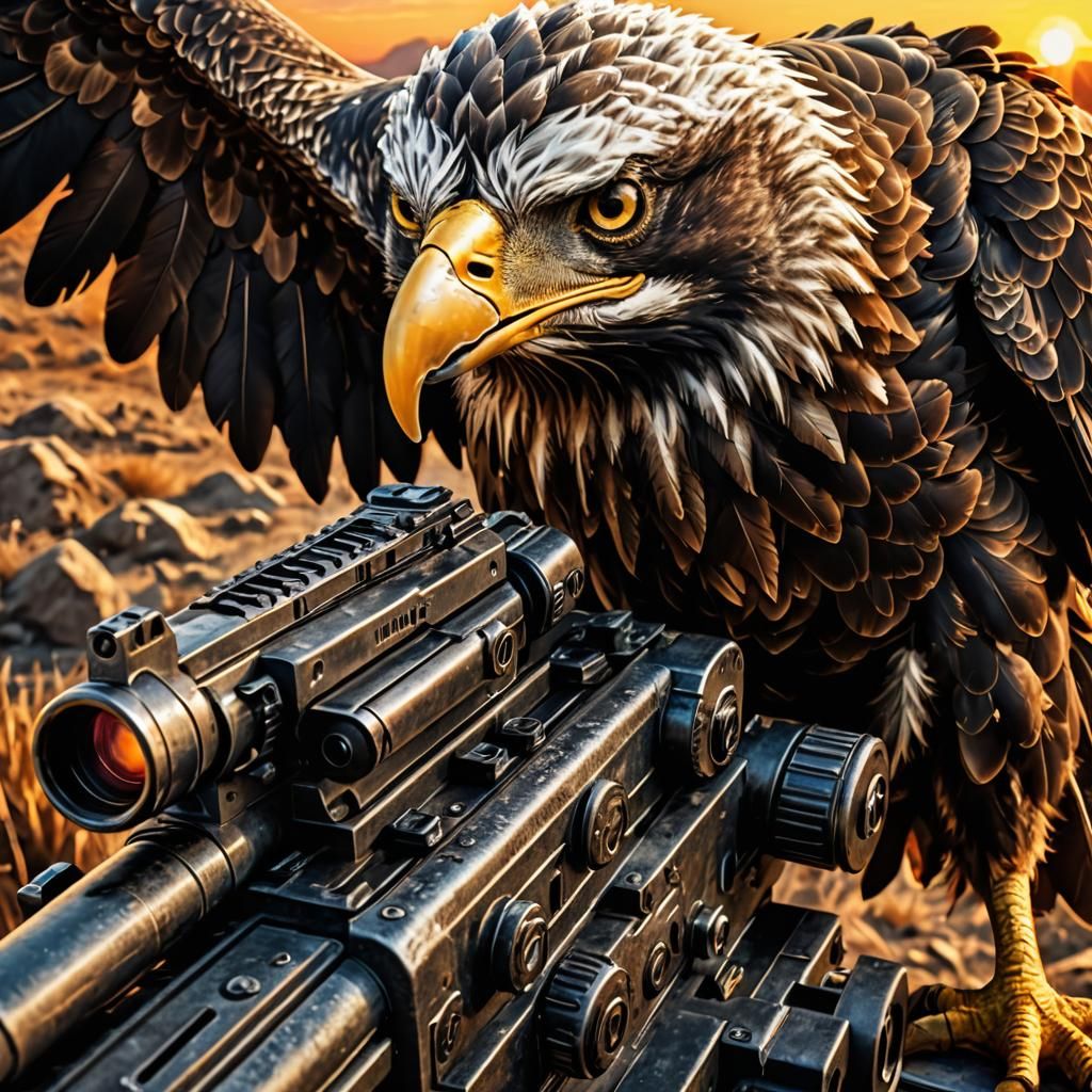 American Eagle Grasps Machine Gun: Vivid Digital Art