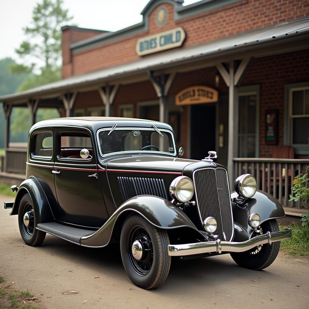 1934 Ford Model 40 B Fordor Deluxe Sedan in Front of Vintage...